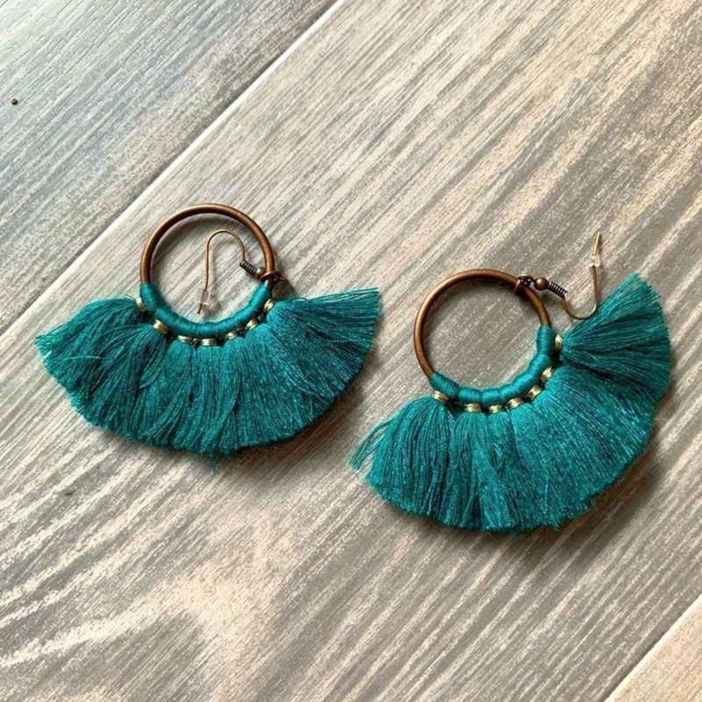 Teal Tassel Hoop Earrings